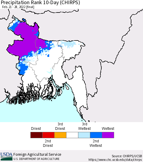 Bangladesh Precipitation Rank since 1981, 10-Day (CHIRPS) Thematic Map For 2/21/2022 - 2/28/2022