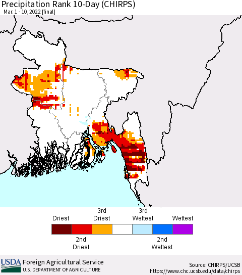 Bangladesh Precipitation Rank since 1981, 10-Day (CHIRPS) Thematic Map For 3/1/2022 - 3/10/2022