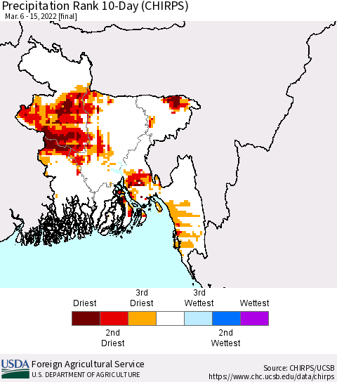Bangladesh Precipitation Rank since 1981, 10-Day (CHIRPS) Thematic Map For 3/6/2022 - 3/15/2022
