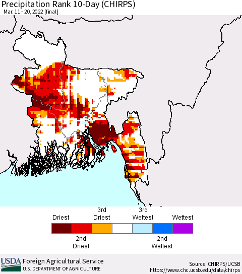 Bangladesh Precipitation Rank since 1981, 10-Day (CHIRPS) Thematic Map For 3/11/2022 - 3/20/2022