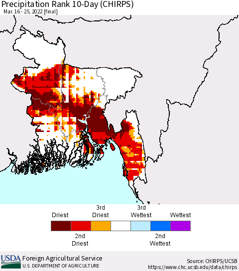 Bangladesh Precipitation Rank since 1981, 10-Day (CHIRPS) Thematic Map For 3/16/2022 - 3/25/2022