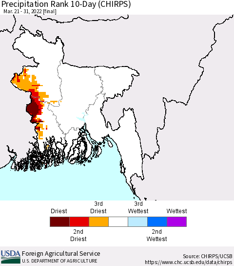 Bangladesh Precipitation Rank since 1981, 10-Day (CHIRPS) Thematic Map For 3/21/2022 - 3/31/2022