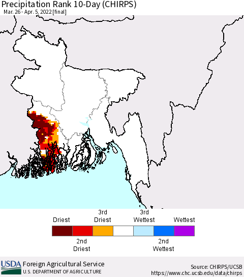 Bangladesh Precipitation Rank since 1981, 10-Day (CHIRPS) Thematic Map For 3/26/2022 - 4/5/2022