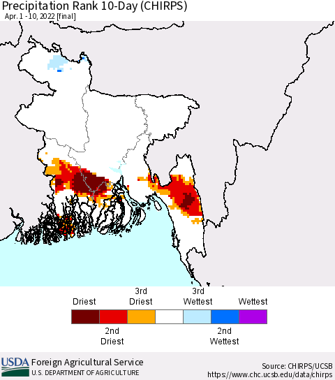 Bangladesh Precipitation Rank since 1981, 10-Day (CHIRPS) Thematic Map For 4/1/2022 - 4/10/2022