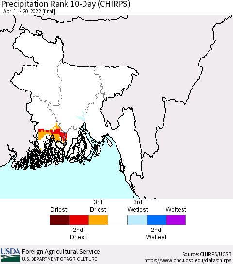 Bangladesh Precipitation Rank since 1981, 10-Day (CHIRPS) Thematic Map For 4/11/2022 - 4/20/2022