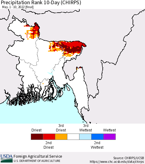 Bangladesh Precipitation Rank since 1981, 10-Day (CHIRPS) Thematic Map For 5/1/2022 - 5/10/2022