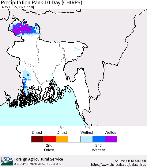 Bangladesh Precipitation Rank since 1981, 10-Day (CHIRPS) Thematic Map For 5/6/2022 - 5/15/2022