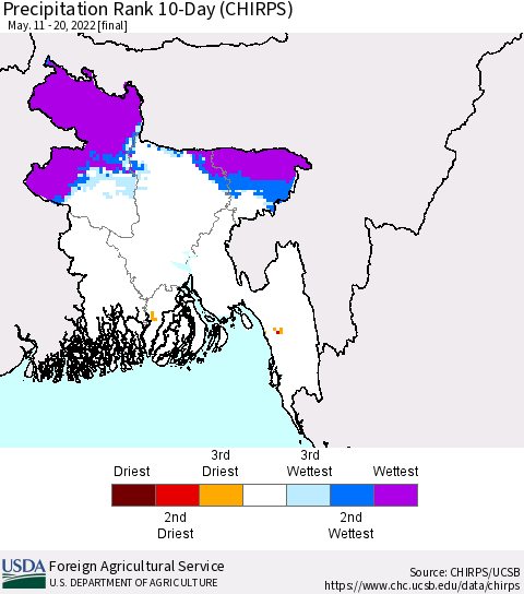 Bangladesh Precipitation Rank since 1981, 10-Day (CHIRPS) Thematic Map For 5/11/2022 - 5/20/2022