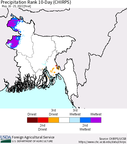 Bangladesh Precipitation Rank since 1981, 10-Day (CHIRPS) Thematic Map For 5/16/2022 - 5/25/2022