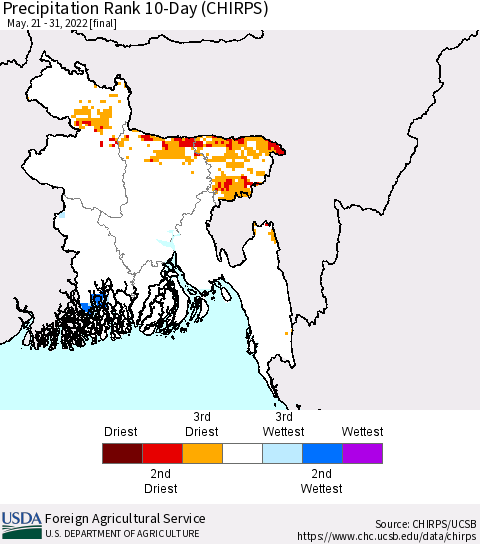 Bangladesh Precipitation Rank since 1981, 10-Day (CHIRPS) Thematic Map For 5/21/2022 - 5/31/2022
