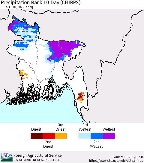 Bangladesh Precipitation Rank since 1981, 10-Day (CHIRPS) Thematic Map For 6/1/2022 - 6/10/2022
