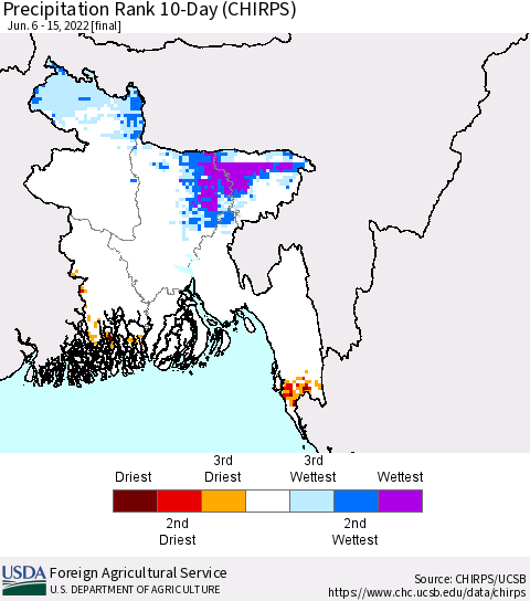 Bangladesh Precipitation Rank since 1981, 10-Day (CHIRPS) Thematic Map For 6/6/2022 - 6/15/2022