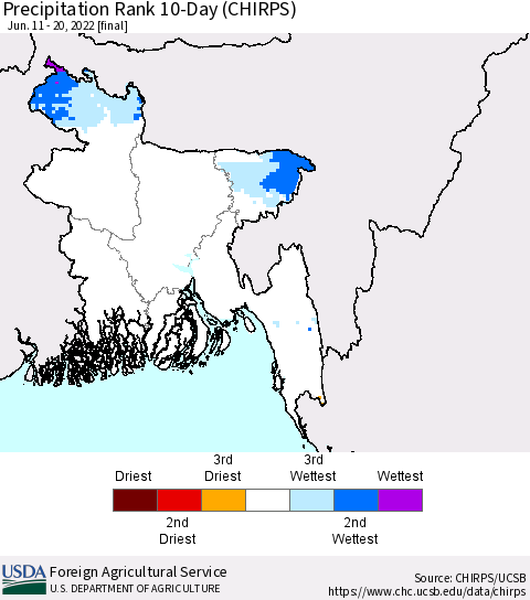 Bangladesh Precipitation Rank since 1981, 10-Day (CHIRPS) Thematic Map For 6/11/2022 - 6/20/2022