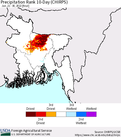 Bangladesh Precipitation Rank since 1981, 10-Day (CHIRPS) Thematic Map For 6/21/2022 - 6/30/2022