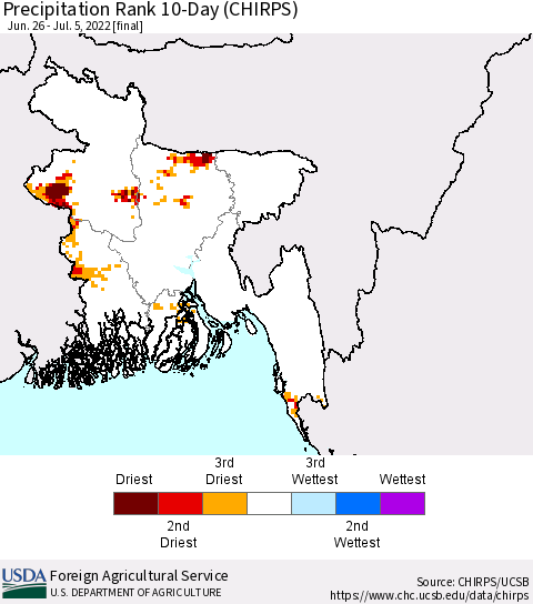 Bangladesh Precipitation Rank since 1981, 10-Day (CHIRPS) Thematic Map For 6/26/2022 - 7/5/2022