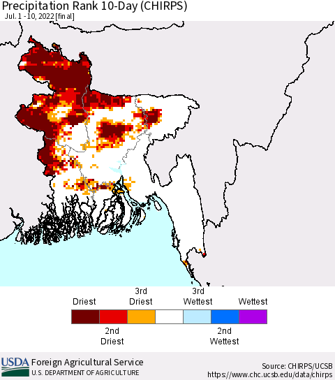 Bangladesh Precipitation Rank since 1981, 10-Day (CHIRPS) Thematic Map For 7/1/2022 - 7/10/2022