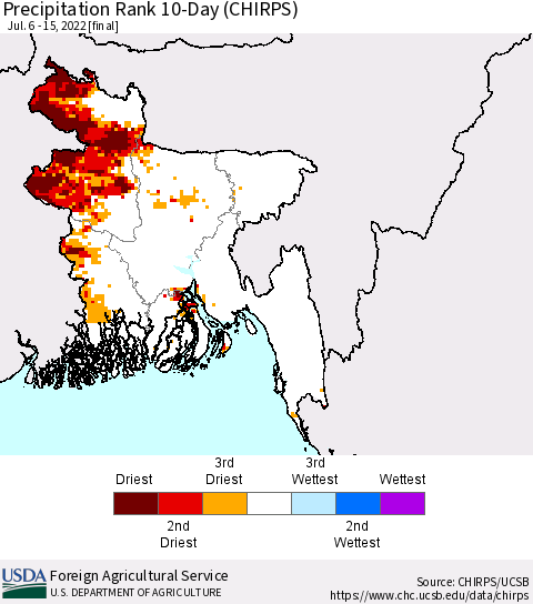 Bangladesh Precipitation Rank since 1981, 10-Day (CHIRPS) Thematic Map For 7/6/2022 - 7/15/2022
