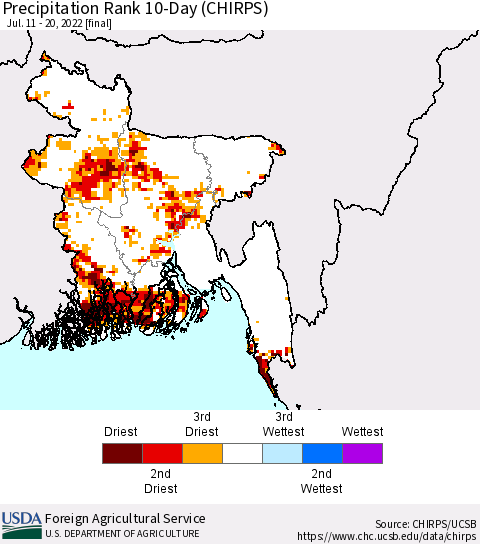 Bangladesh Precipitation Rank since 1981, 10-Day (CHIRPS) Thematic Map For 7/11/2022 - 7/20/2022