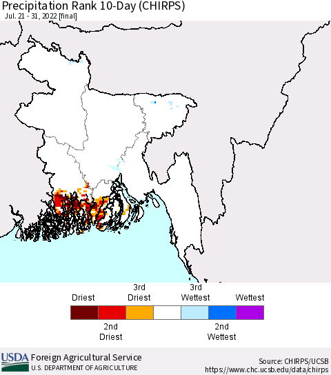 Bangladesh Precipitation Rank since 1981, 10-Day (CHIRPS) Thematic Map For 7/21/2022 - 7/31/2022