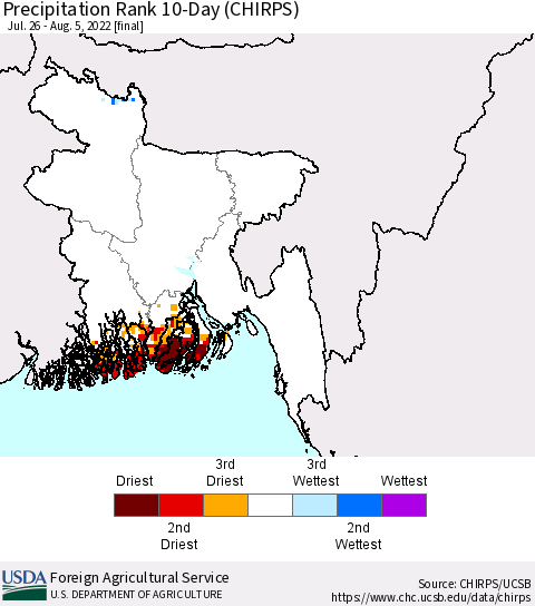Bangladesh Precipitation Rank since 1981, 10-Day (CHIRPS) Thematic Map For 7/26/2022 - 8/5/2022