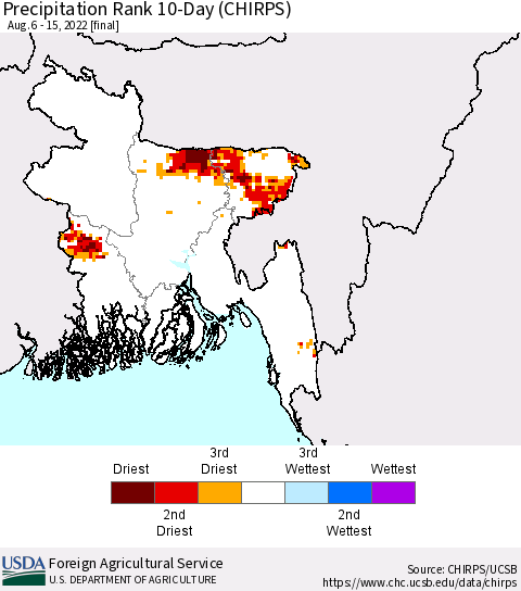 Bangladesh Precipitation Rank since 1981, 10-Day (CHIRPS) Thematic Map For 8/6/2022 - 8/15/2022