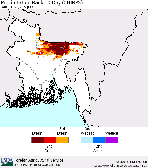 Bangladesh Precipitation Rank since 1981, 10-Day (CHIRPS) Thematic Map For 8/11/2022 - 8/20/2022