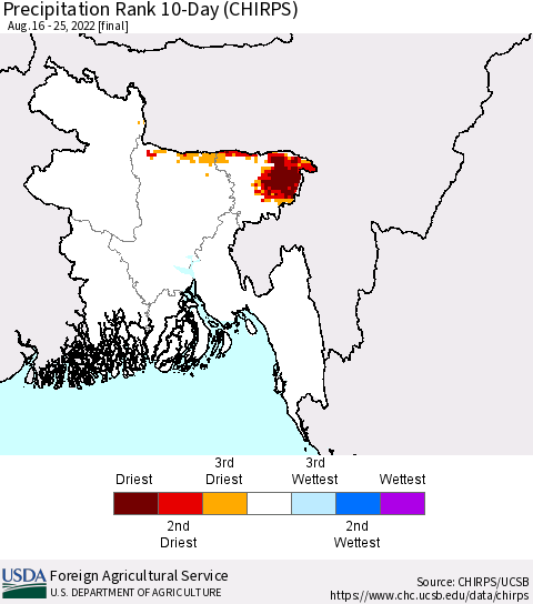 Bangladesh Precipitation Rank since 1981, 10-Day (CHIRPS) Thematic Map For 8/16/2022 - 8/25/2022