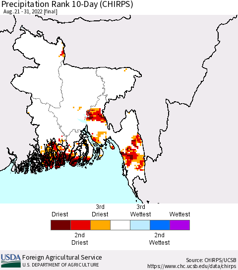 Bangladesh Precipitation Rank since 1981, 10-Day (CHIRPS) Thematic Map For 8/21/2022 - 8/31/2022