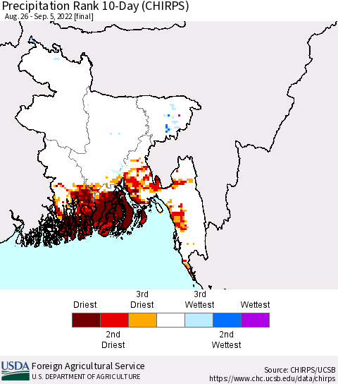Bangladesh Precipitation Rank since 1981, 10-Day (CHIRPS) Thematic Map For 8/26/2022 - 9/5/2022