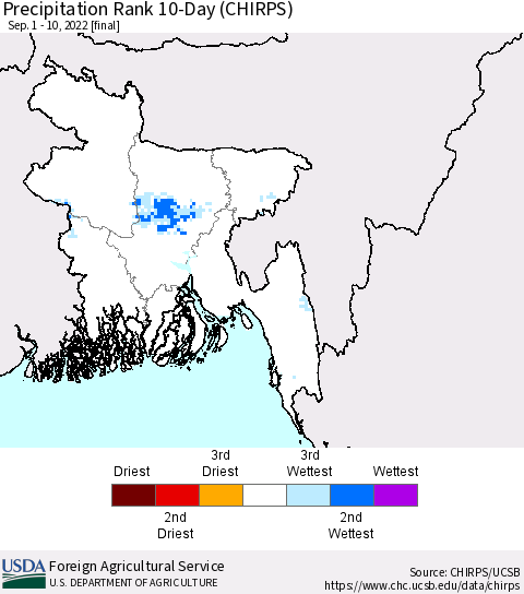 Bangladesh Precipitation Rank since 1981, 10-Day (CHIRPS) Thematic Map For 9/1/2022 - 9/10/2022
