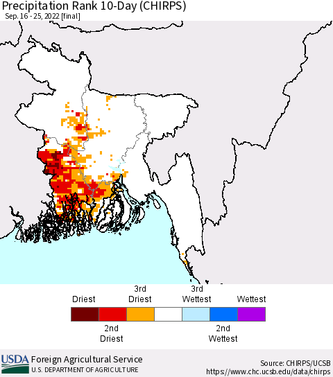 Bangladesh Precipitation Rank since 1981, 10-Day (CHIRPS) Thematic Map For 9/16/2022 - 9/25/2022