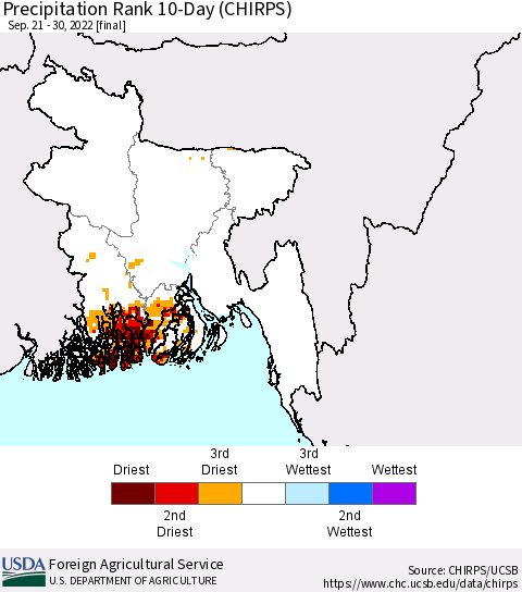 Bangladesh Precipitation Rank since 1981, 10-Day (CHIRPS) Thematic Map For 9/21/2022 - 9/30/2022