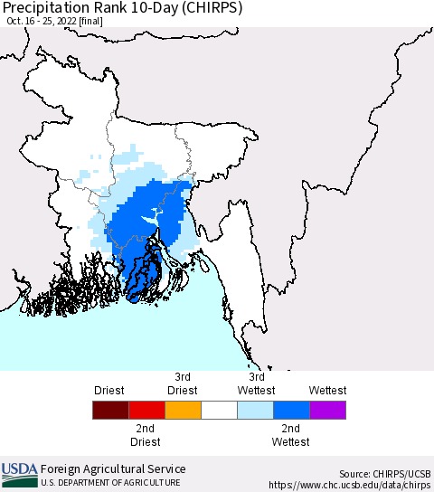 Bangladesh Precipitation Rank since 1981, 10-Day (CHIRPS) Thematic Map For 10/16/2022 - 10/25/2022