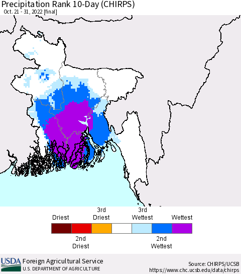 Bangladesh Precipitation Rank since 1981, 10-Day (CHIRPS) Thematic Map For 10/21/2022 - 10/31/2022