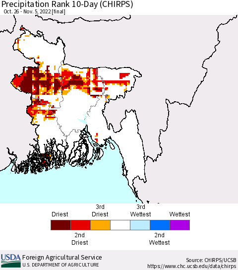 Bangladesh Precipitation Rank since 1981, 10-Day (CHIRPS) Thematic Map For 10/26/2022 - 11/5/2022