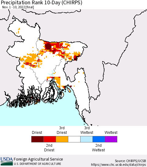 Bangladesh Precipitation Rank since 1981, 10-Day (CHIRPS) Thematic Map For 11/1/2022 - 11/10/2022