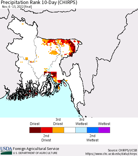Bangladesh Precipitation Rank since 1981, 10-Day (CHIRPS) Thematic Map For 11/6/2022 - 11/15/2022