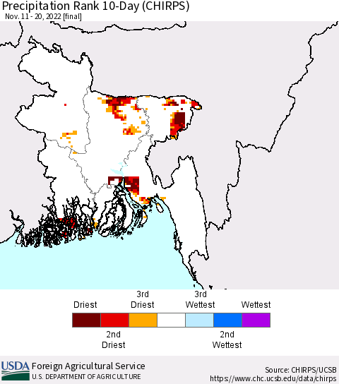 Bangladesh Precipitation Rank since 1981, 10-Day (CHIRPS) Thematic Map For 11/11/2022 - 11/20/2022