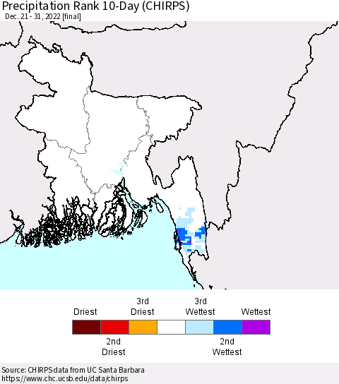 Bangladesh Precipitation Rank since 1981, 10-Day (CHIRPS) Thematic Map For 12/21/2022 - 12/31/2022