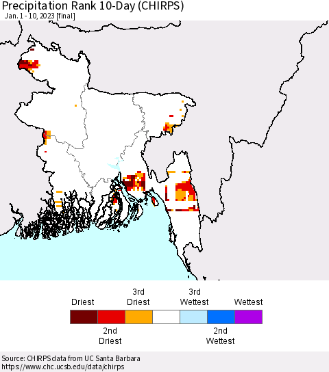 Bangladesh Precipitation Rank since 1981, 10-Day (CHIRPS) Thematic Map For 1/1/2023 - 1/10/2023