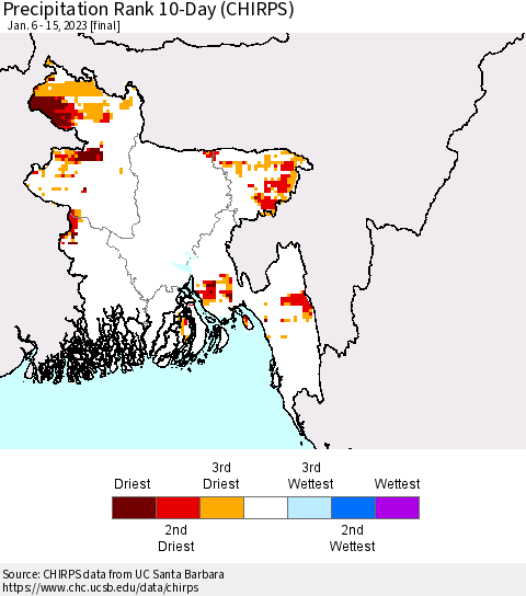 Bangladesh Precipitation Rank since 1981, 10-Day (CHIRPS) Thematic Map For 1/6/2023 - 1/15/2023