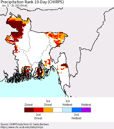 Bangladesh Precipitation Rank since 1981, 10-Day (CHIRPS) Thematic Map For 1/11/2023 - 1/20/2023