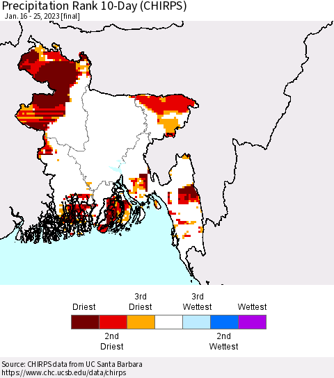 Bangladesh Precipitation Rank since 1981, 10-Day (CHIRPS) Thematic Map For 1/16/2023 - 1/25/2023