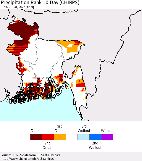 Bangladesh Precipitation Rank since 1981, 10-Day (CHIRPS) Thematic Map For 1/21/2023 - 1/31/2023