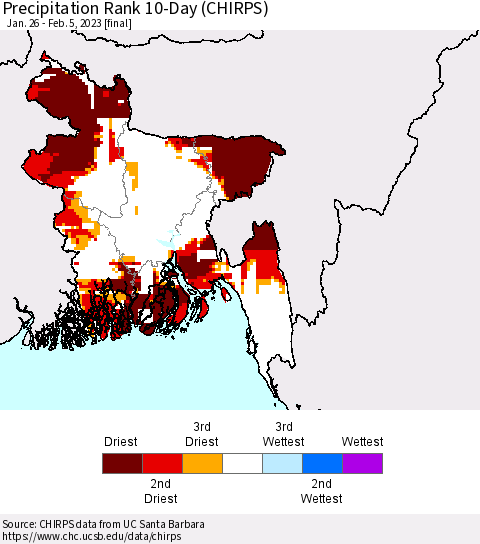 Bangladesh Precipitation Rank since 1981, 10-Day (CHIRPS) Thematic Map For 1/26/2023 - 2/5/2023