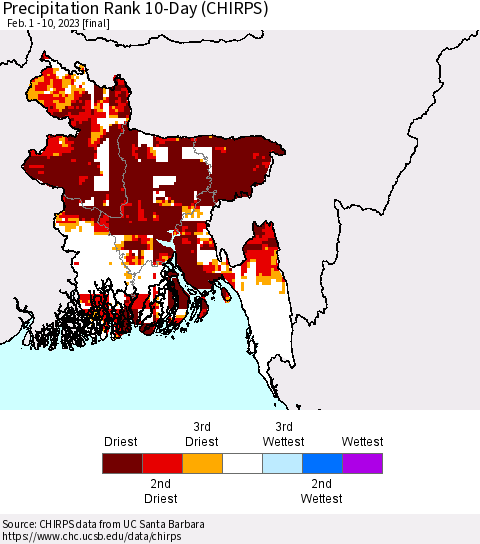 Bangladesh Precipitation Rank since 1981, 10-Day (CHIRPS) Thematic Map For 2/1/2023 - 2/10/2023