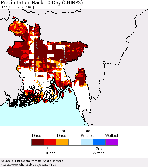 Bangladesh Precipitation Rank since 1981, 10-Day (CHIRPS) Thematic Map For 2/6/2023 - 2/15/2023