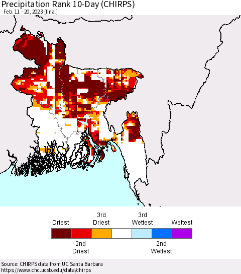Bangladesh Precipitation Rank since 1981, 10-Day (CHIRPS) Thematic Map For 2/11/2023 - 2/20/2023