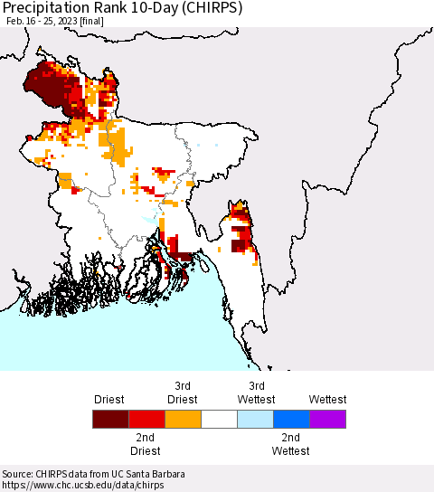 Bangladesh Precipitation Rank since 1981, 10-Day (CHIRPS) Thematic Map For 2/16/2023 - 2/25/2023
