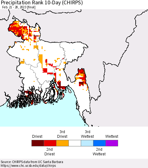 Bangladesh Precipitation Rank since 1981, 10-Day (CHIRPS) Thematic Map For 2/21/2023 - 2/28/2023